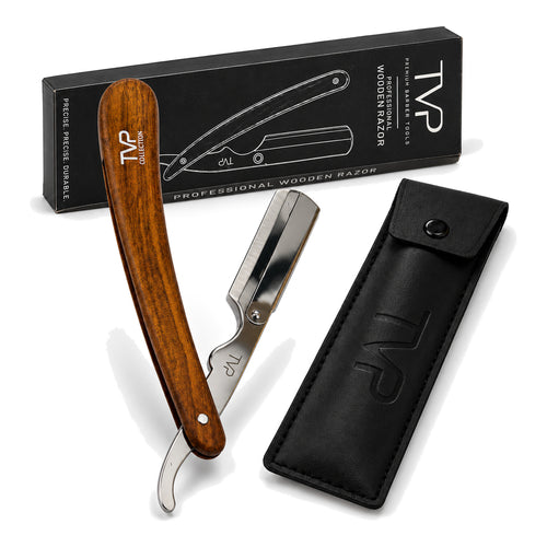 TVP Heritage walnut wooden-handle shavette razor with black storage pouch and TVP Professional Wooden Razor box