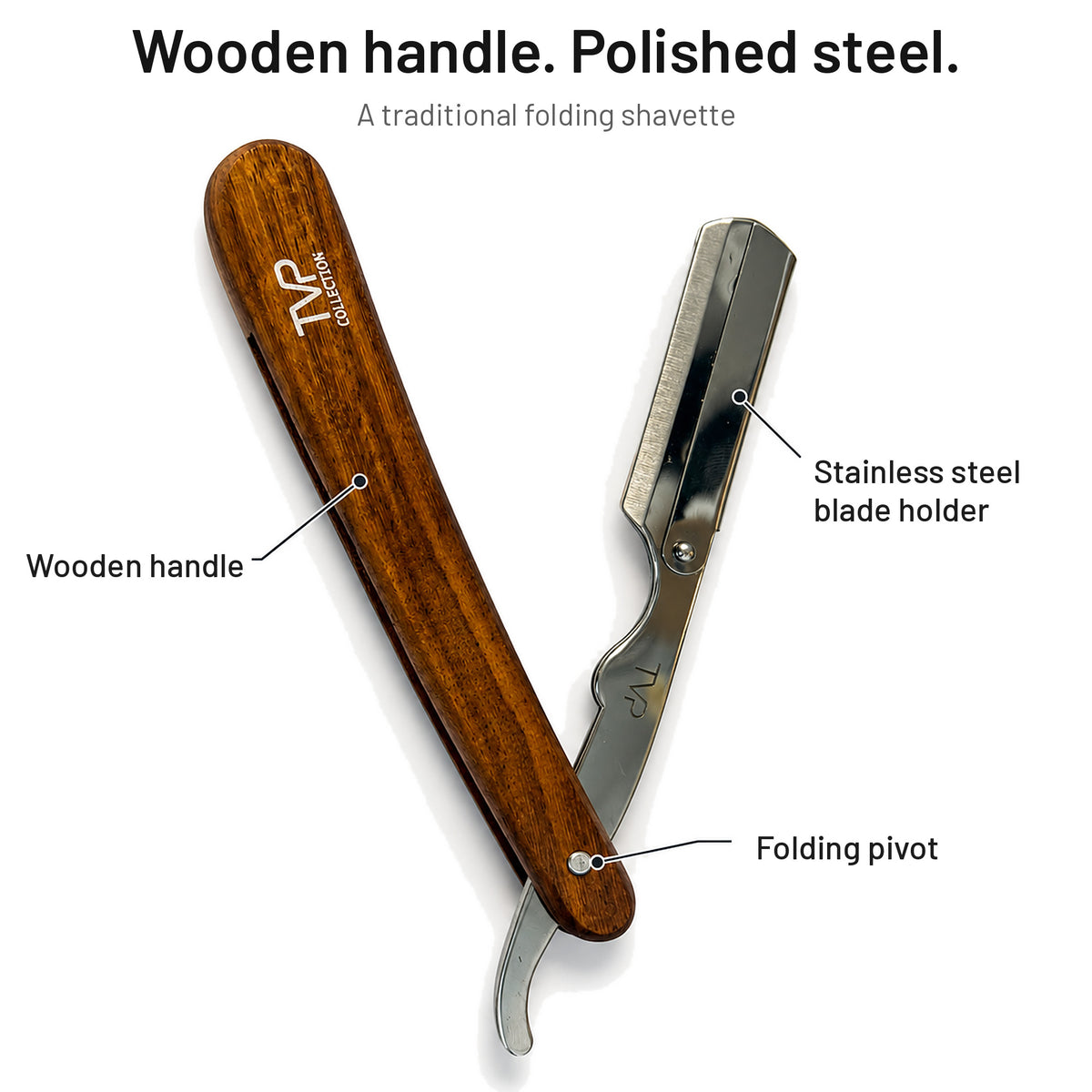 TVP walnut shavette razor features: wooden handle, stainless steel blade holder and folding pivot