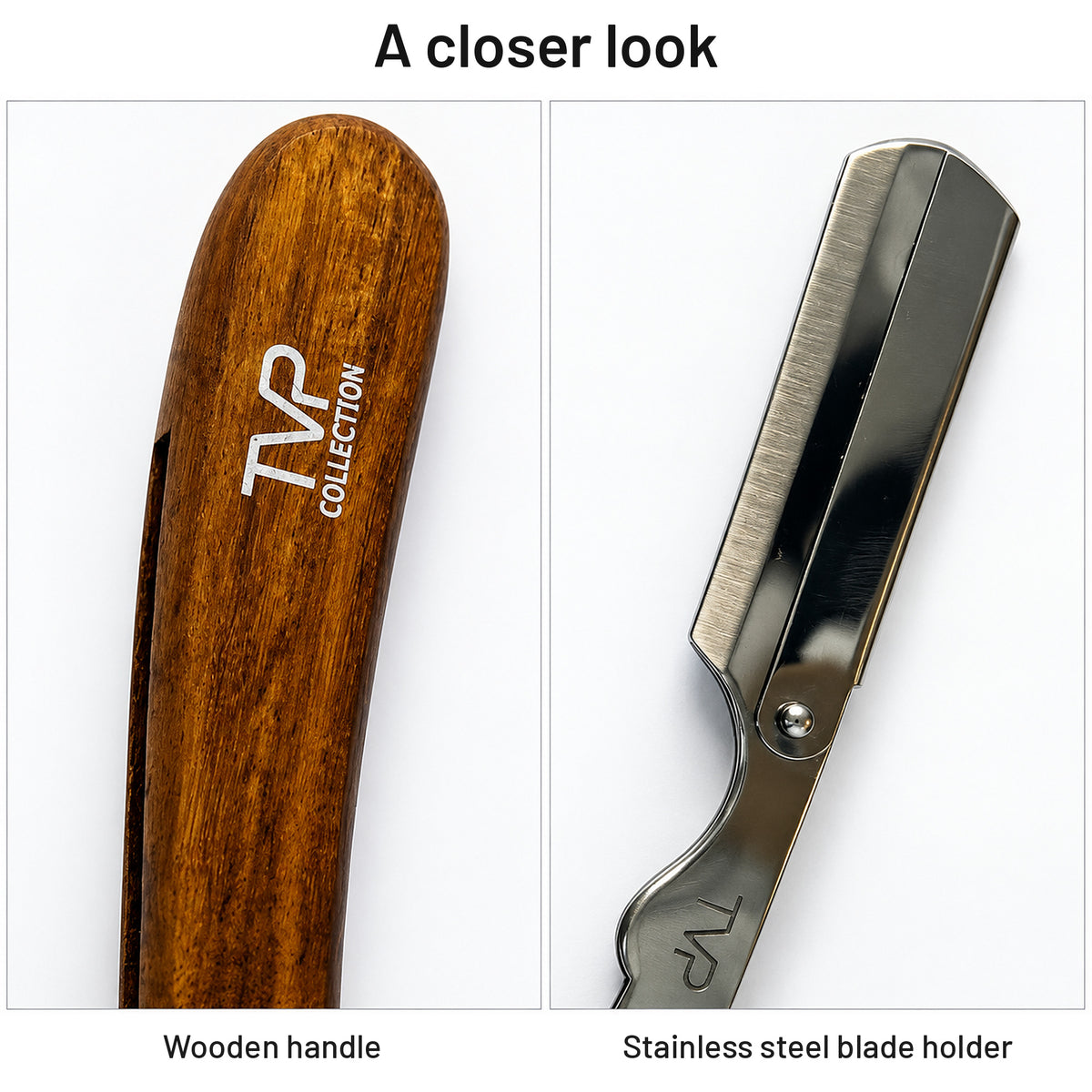 Close-up of the TVP walnut wooden handle and stainless steel blade holder