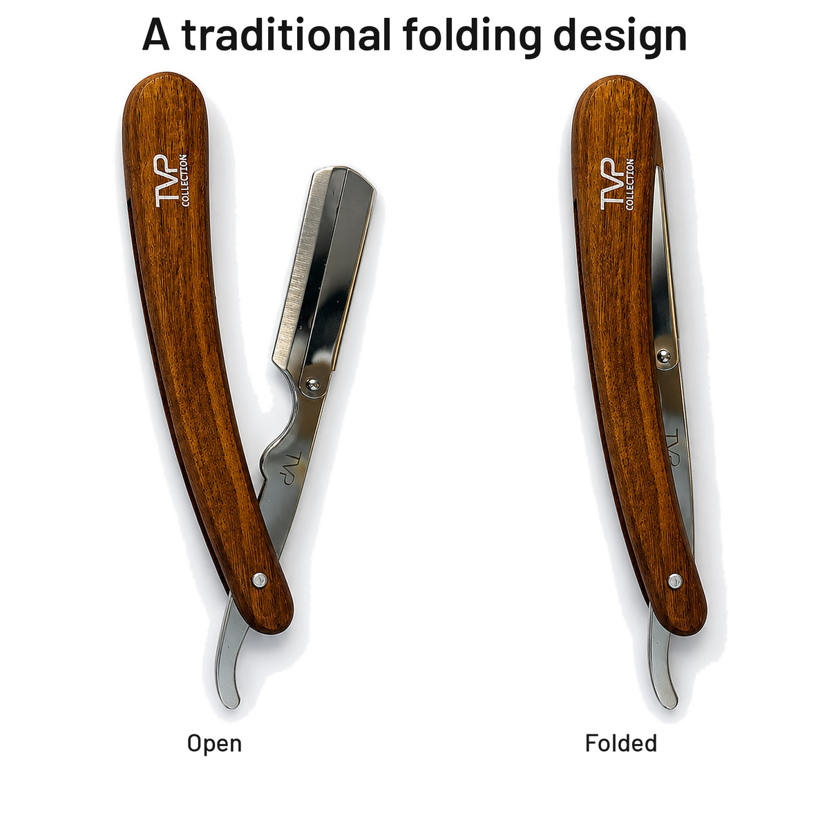 TVP walnut shavette razor shown open and folded