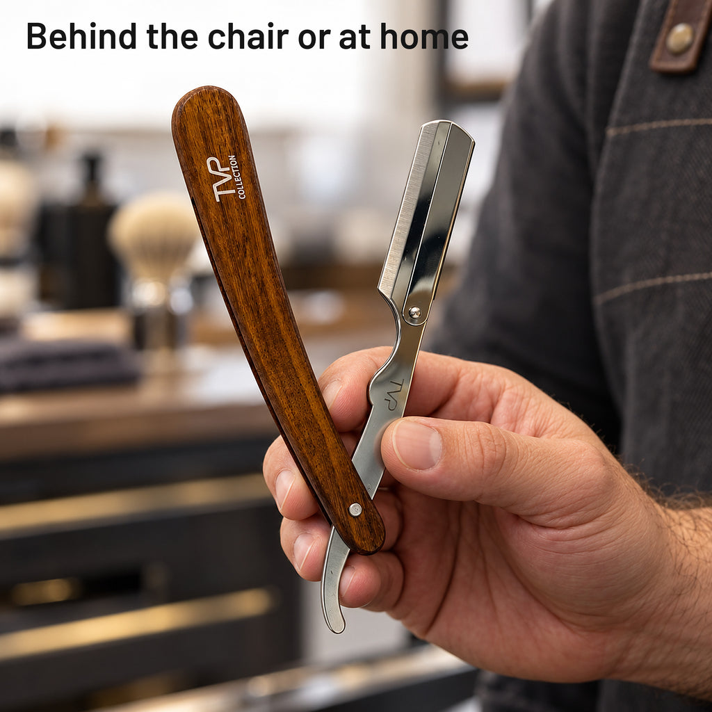 Hand holding the TVP walnut wooden-handle shavette razor in a barbershop