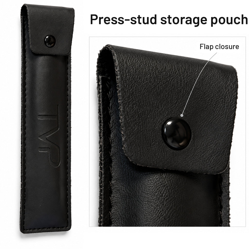 TVP black press-stud storage pouch with embossed logo and flap closure
