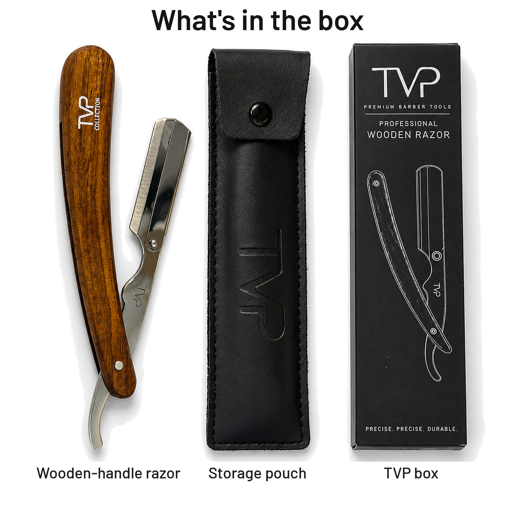 What's in the box: TVP walnut shavette razor, storage pouch and TVP box