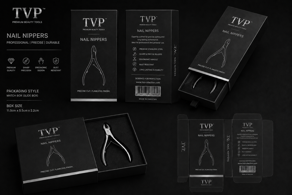 TVP Professional Cuticle Nipper in matte black slide-box packaging