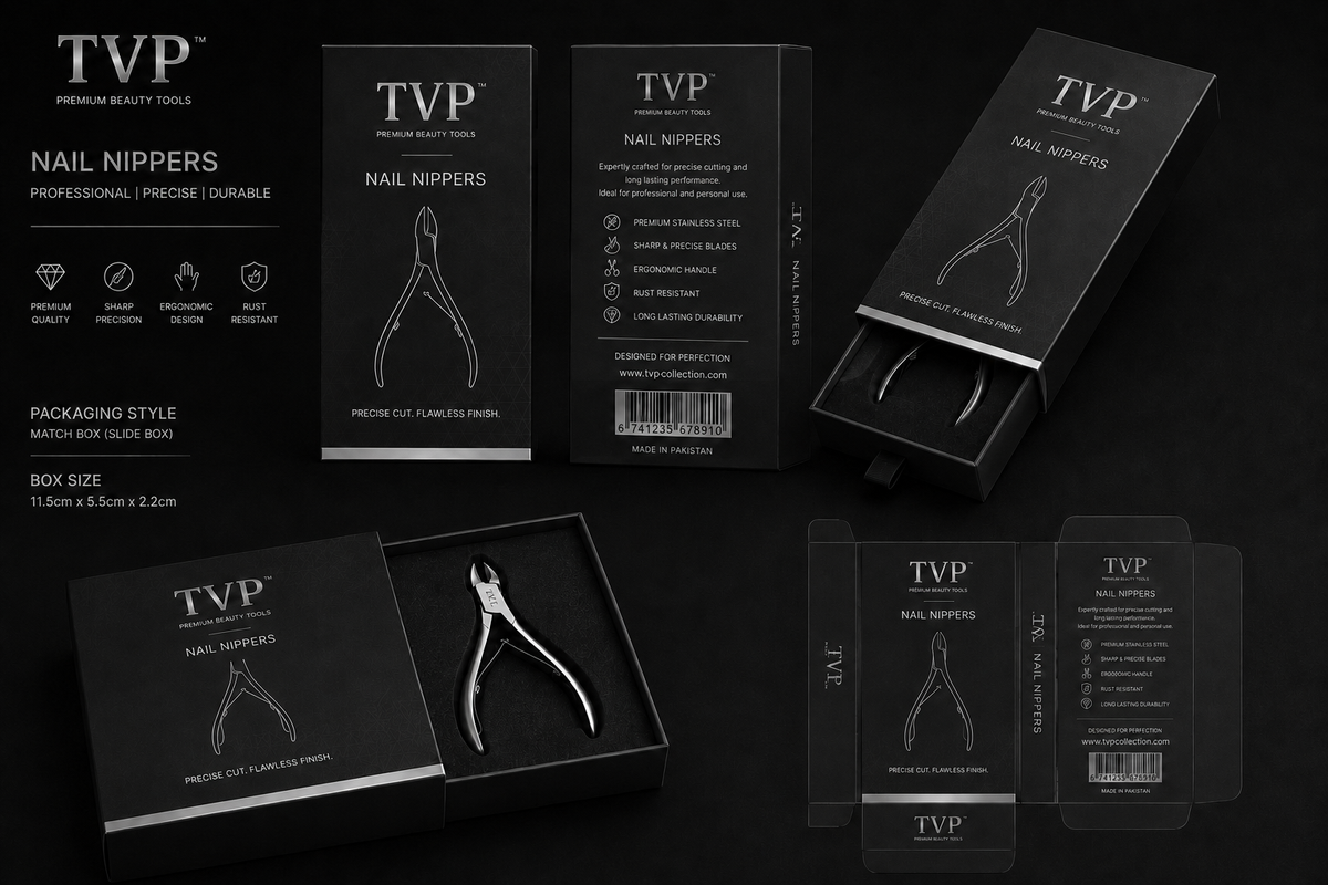 TVP Professional Cuticle Nipper in matte black slide-box packaging
