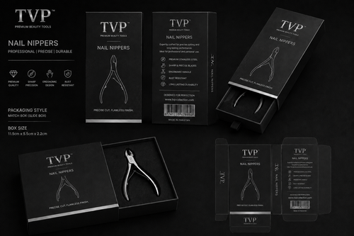 TVP Professional Cuticle Nipper in matte black slide-box packaging