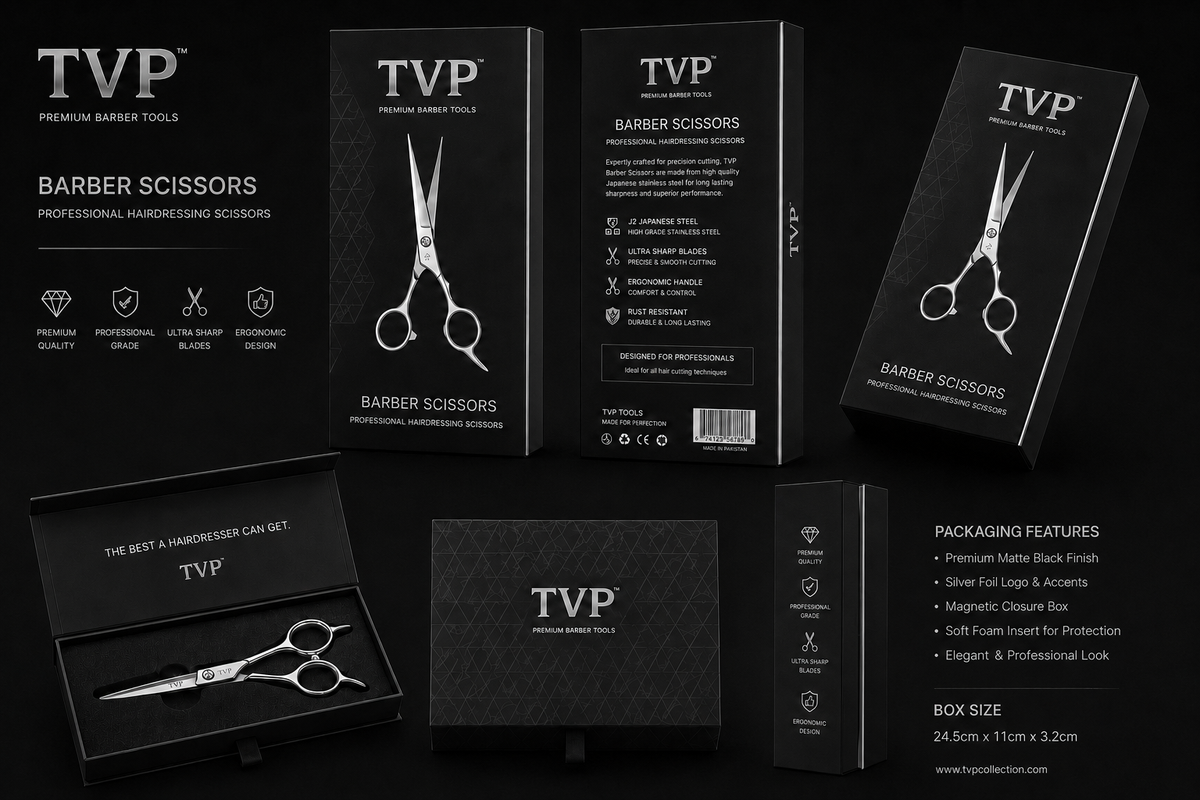 TVP Pro 6-inch Hair Cutting Shears in matte black magnetic presentation box
